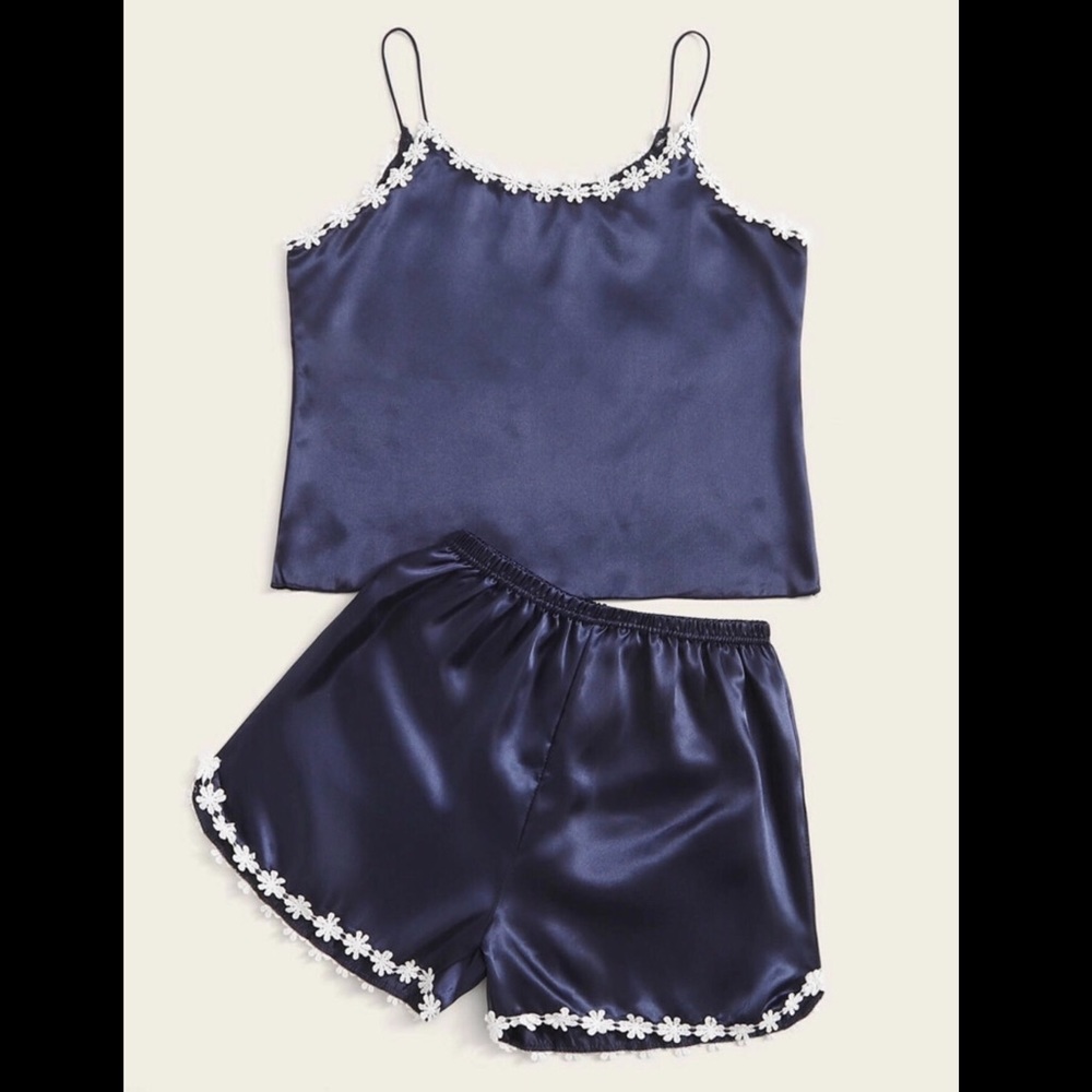 Navy Blue, Flower, Satin, Pajama Set - Picture 3 of 6